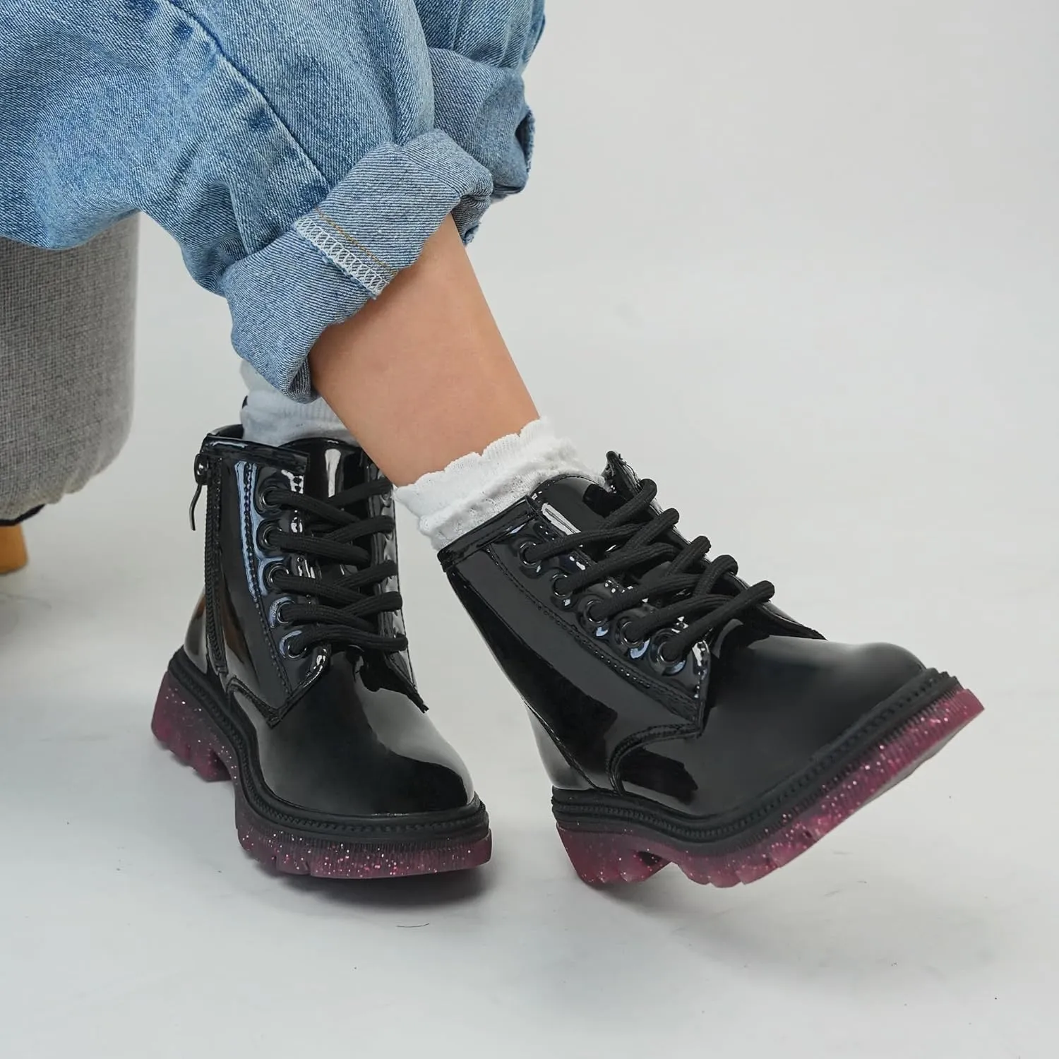 JABASIC Girls Ankle Boots Kids Lace-up Glittery Combat Work Boot