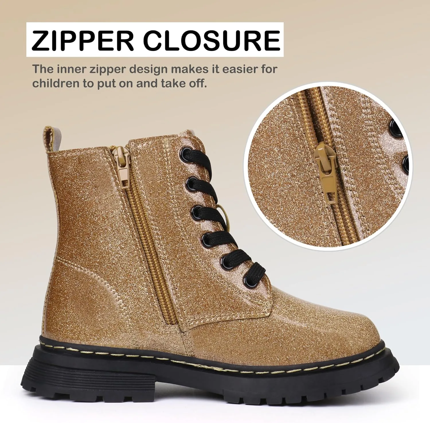 JABASIC Girls Boys Ankle Boots Lace-Up Waterproof Work Boots with Side Zipper