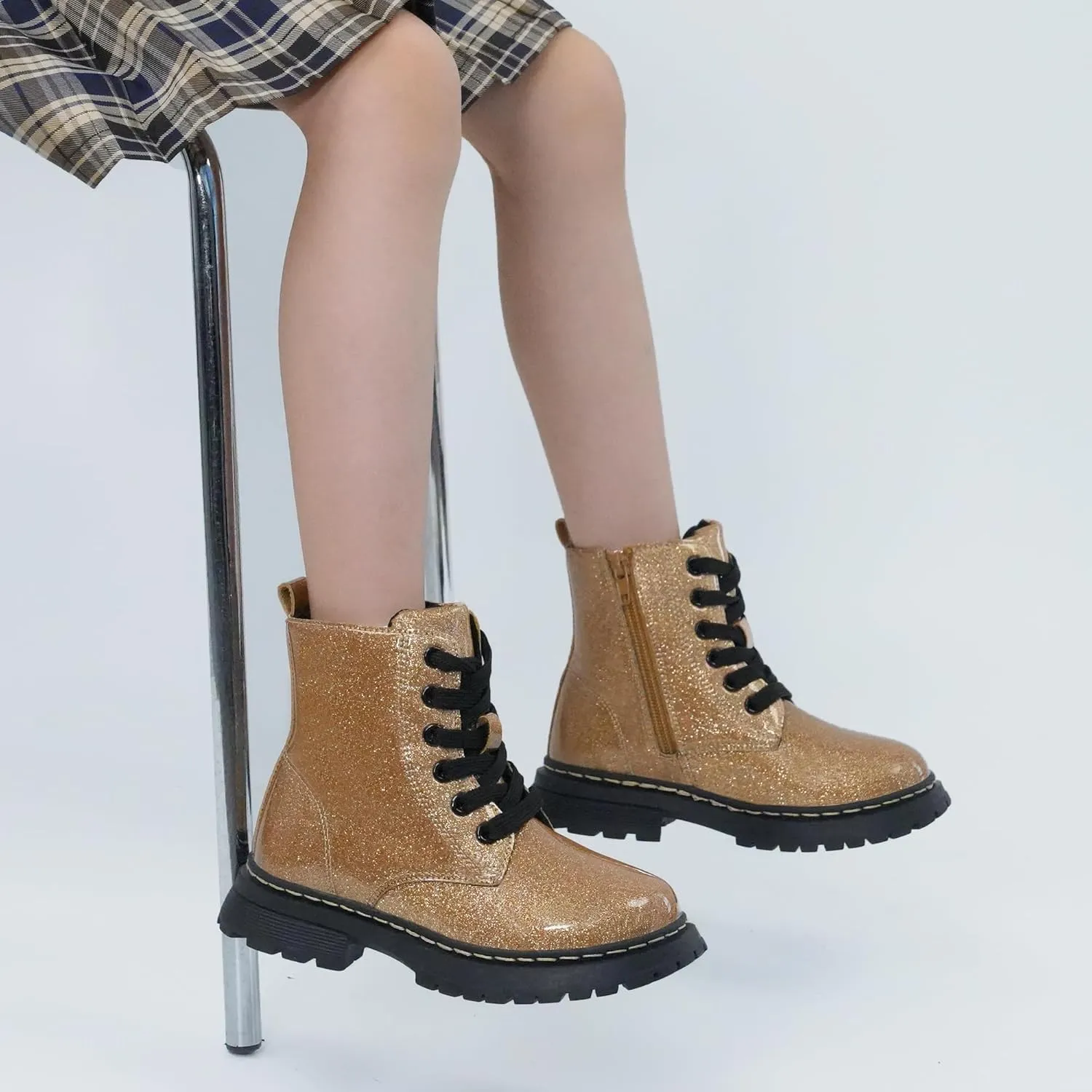 JABASIC Girls Boys Ankle Boots Lace-Up Waterproof Work Boots with Side Zipper