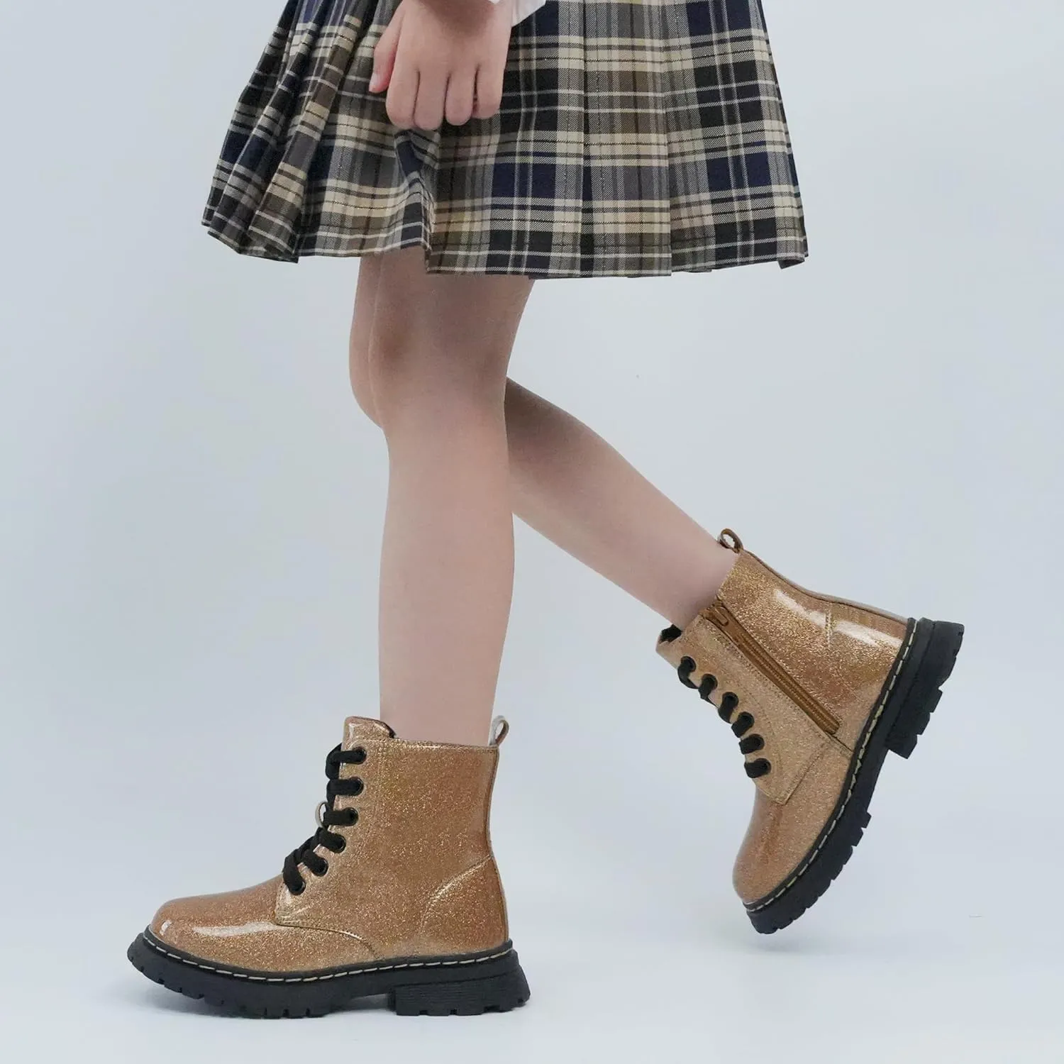 JABASIC Girls Boys Ankle Boots Lace-Up Waterproof Work Boots with Side Zipper