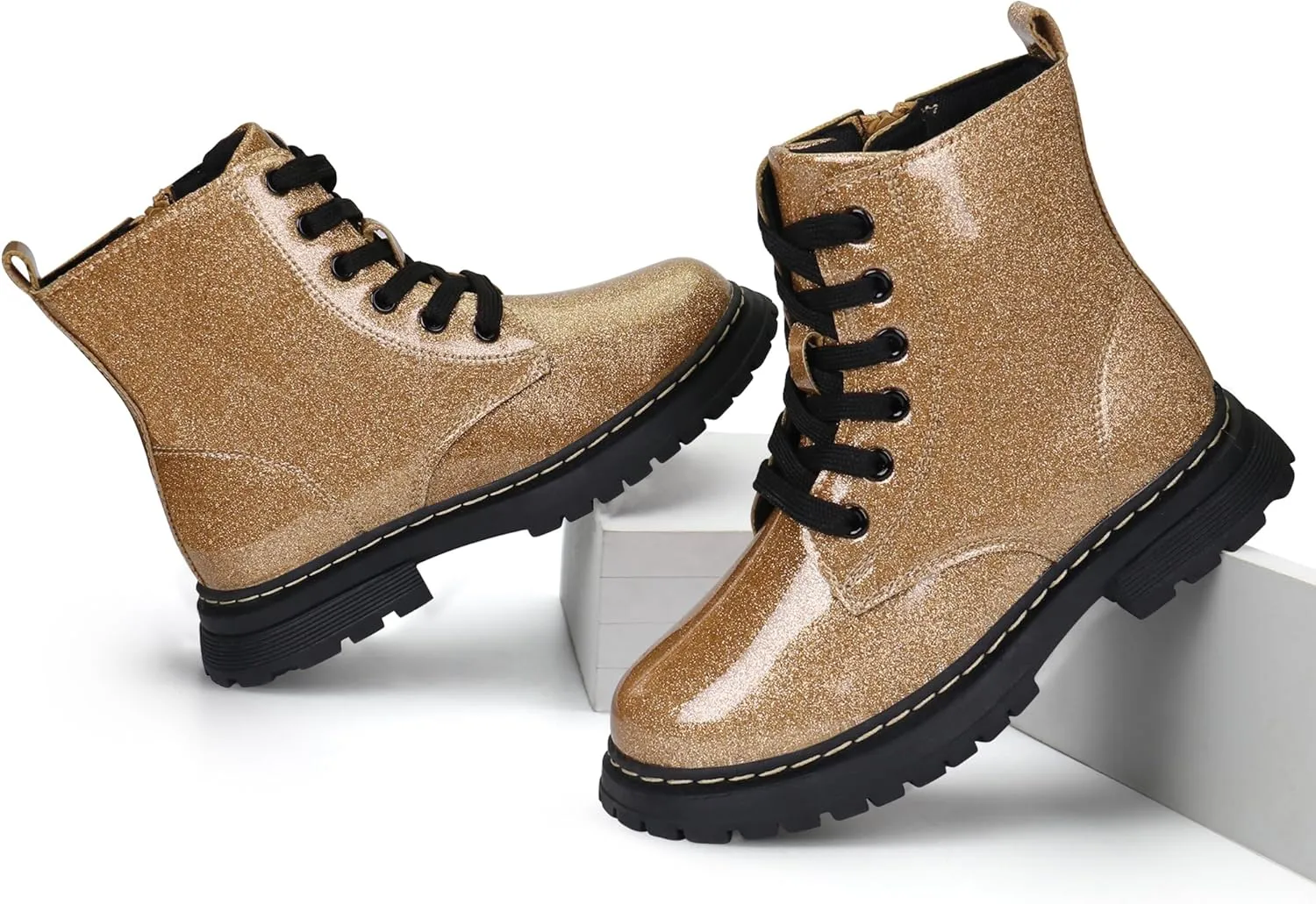 JABASIC Girls Boys Ankle Boots Lace-Up Waterproof Work Boots with Side Zipper