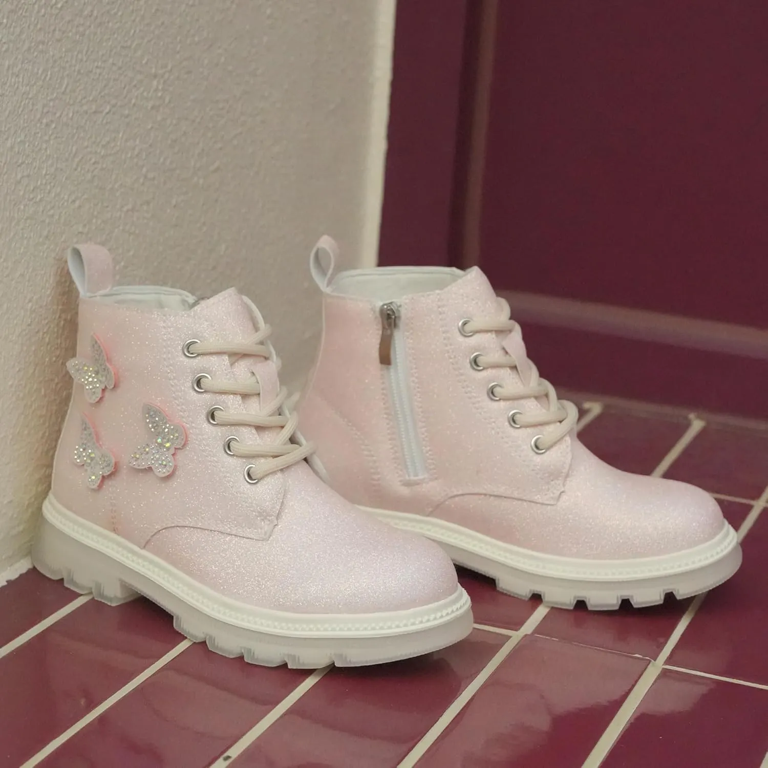 JABASIC Girls Glittery Ankle Boots Kids Lace Up Combat Boots with Side Zipper