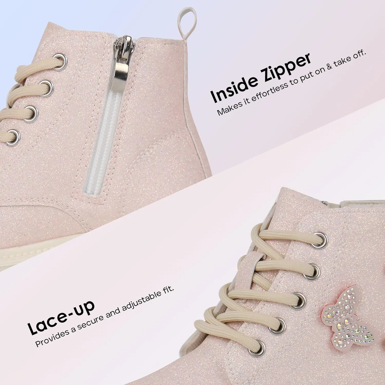 JABASIC Girls Glittery Ankle Boots Kids Lace Up Combat Boots with Side Zipper