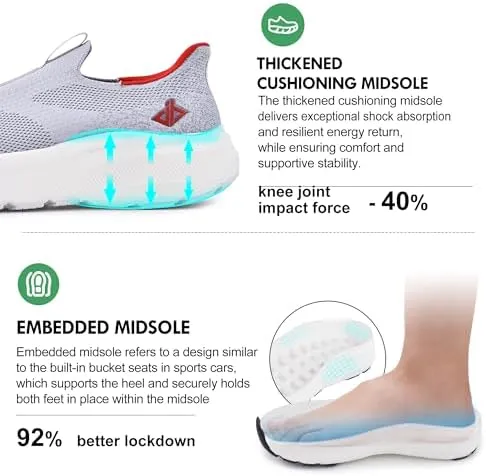 JACKSHIBO Mens Slip in Free up Hands Shoes Wide Toe Box Arch Support Orthopedic Walking Sneakers Cushioned Thick Zero Drop Sole Metatarsal Pads
