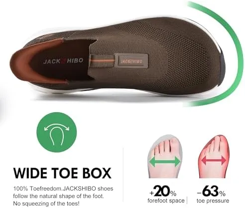 JACKSHIBO Mens Slip in Free up Hands Shoes Wide Toe Box Arch Support Orthopedic Walking Sneakers Cushioned Thick Zero Drop Sole Metatarsal Pads