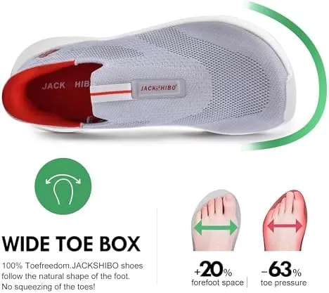 JACKSHIBO Mens Slip in Free up Hands Shoes Wide Toe Box Arch Support Orthopedic Walking Sneakers Cushioned Thick Zero Drop Sole Metatarsal Pads