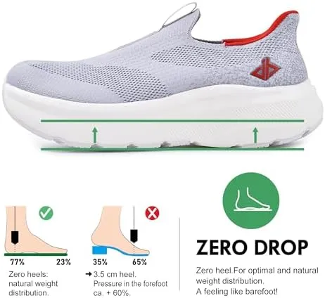 JACKSHIBO Mens Slip in Free up Hands Shoes Wide Toe Box Arch Support Orthopedic Walking Sneakers Cushioned Thick Zero Drop Sole Metatarsal Pads