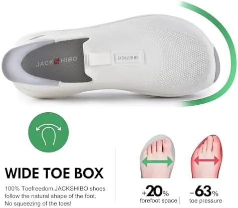 JACKSHIBO Mens Slip in Free up Hands Shoes Wide Toe Box Arch Support Orthopedic Walking Sneakers Cushioned Thick Zero Drop Sole Metatarsal Pads