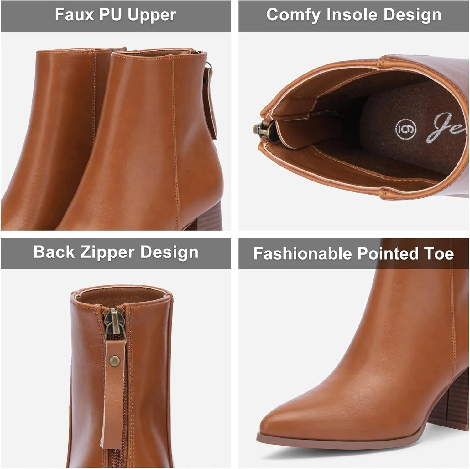 Jeossy Women's Chunky Heeled Ankle Boots, Pointed Toe Stacked Block Heel Booties