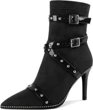 Joseywade Womens Ankle Booties 3.7 Inch Heel High Stiletto Boots Beaded Studded Pointed Toe Side Zipper Boots Size 5-13