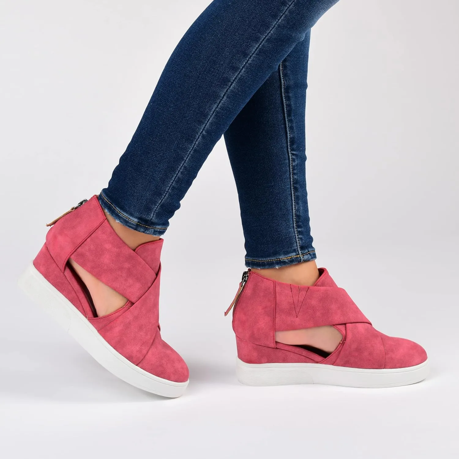 Journee Womens Seena Round Toe Back Heel Zip Wedge Sneakers
