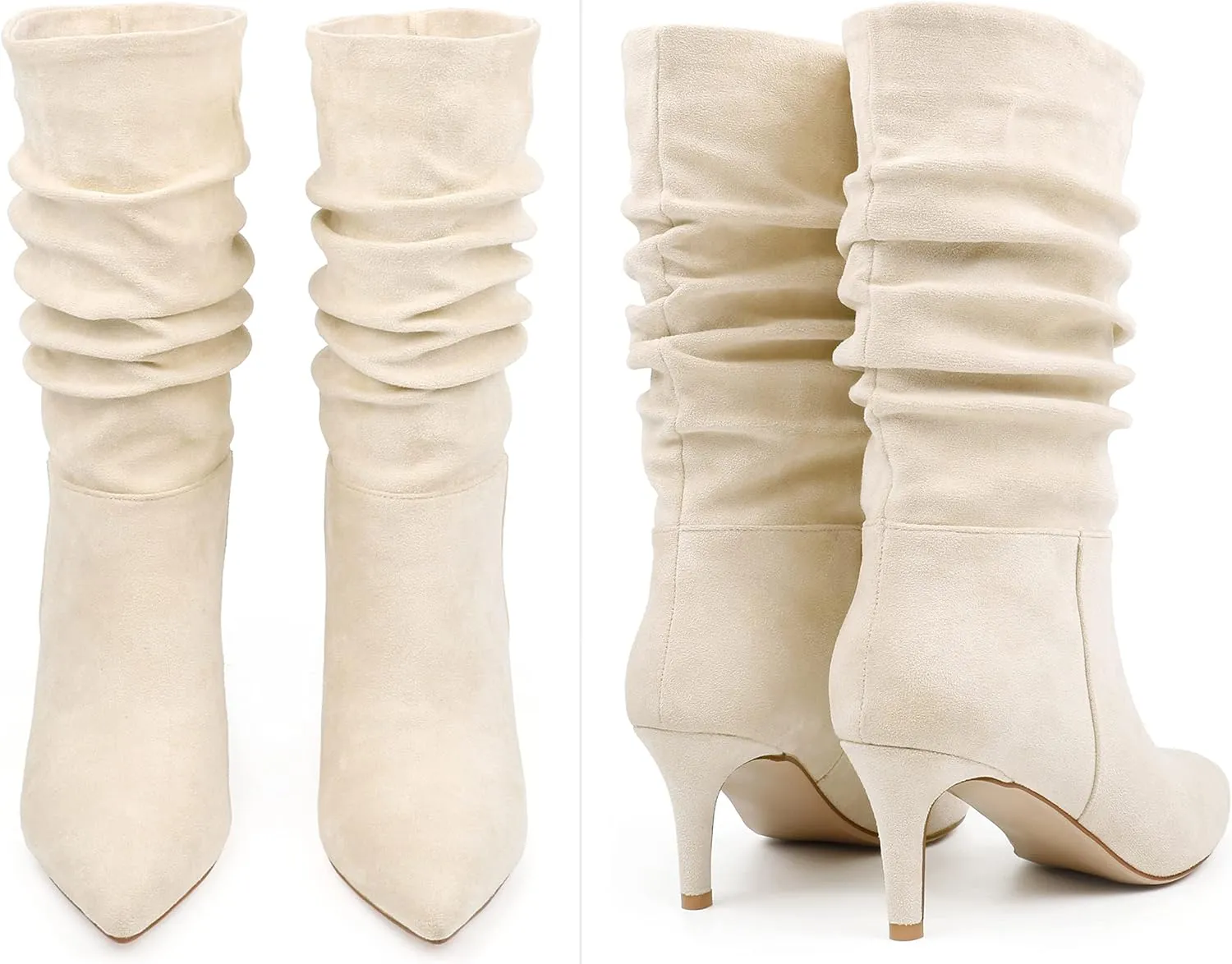 JOY IN LOVE Women's Low Heel Boots, Mid-Calf High Wrinkled Slouchy Boots