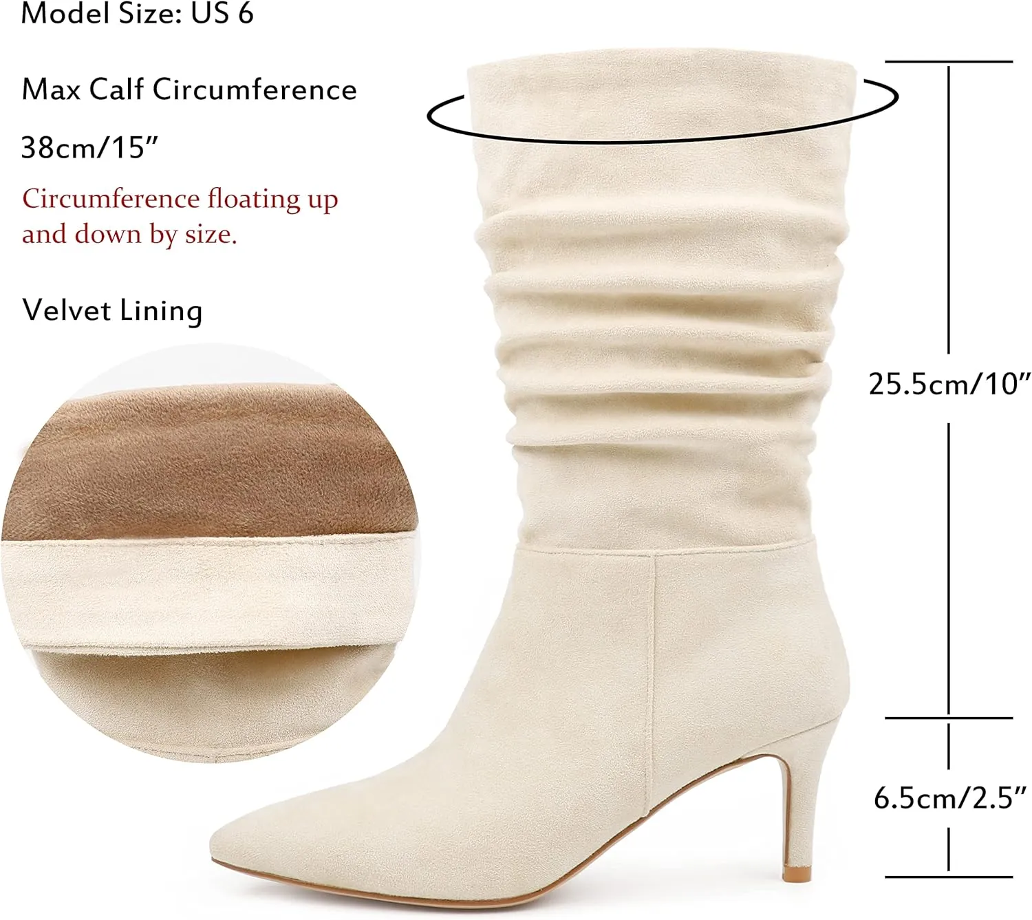 JOY IN LOVE Women's Low Heel Boots, Mid-Calf High Wrinkled Slouchy Boots