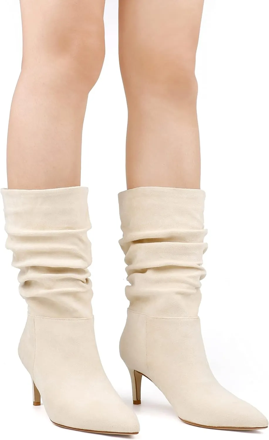 JOY IN LOVE Women's Low Heel Boots, Mid-Calf High Wrinkled Slouchy Boots