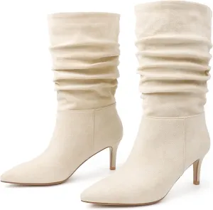 JOY IN LOVE Women's Low Heel Boots, Mid-Calf High Wrinkled Slouchy Boots
