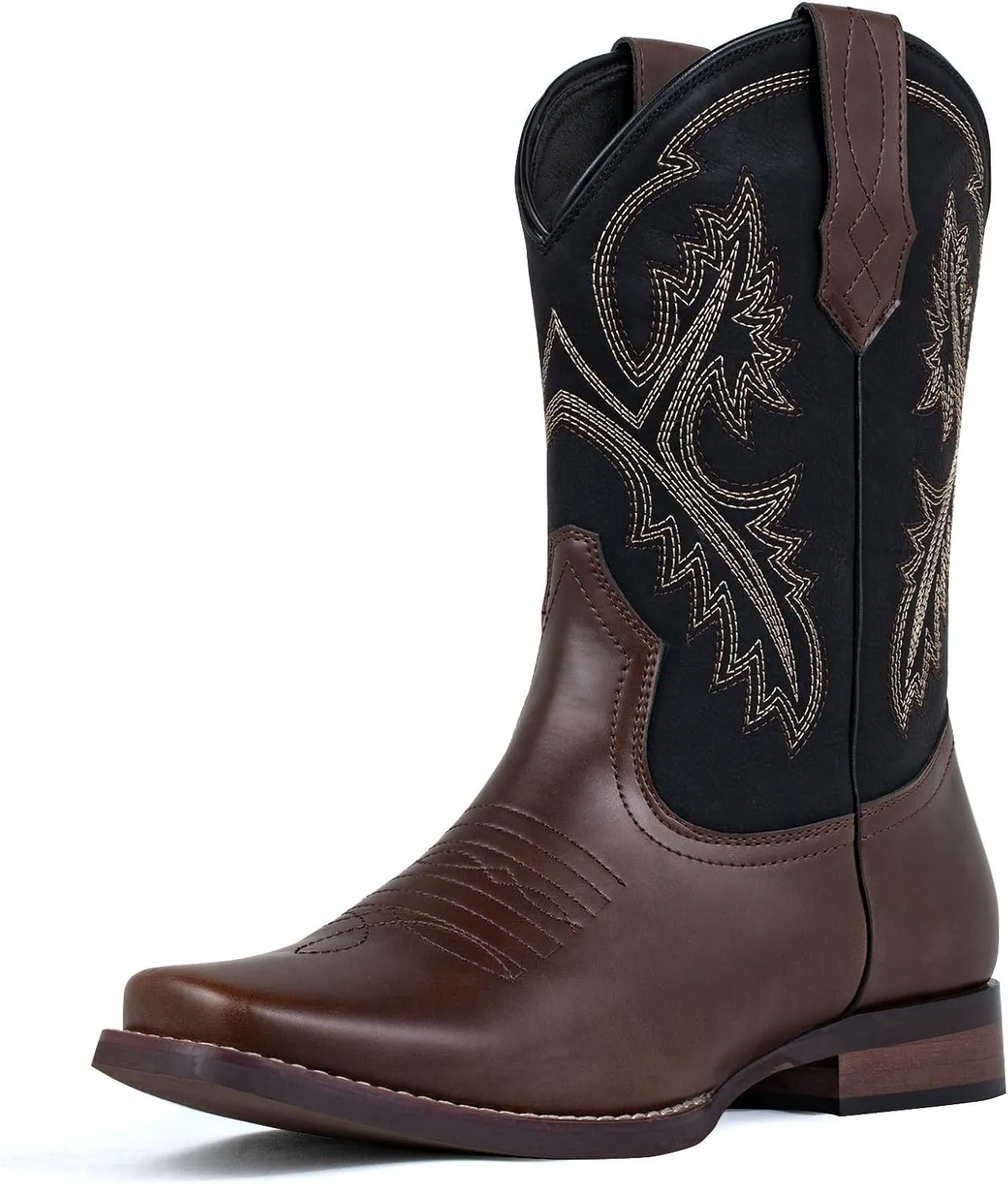 J's.o.l.e Men's Western Cowboy Boots Square Toe Boots for Men Mid Calf Country Boots Classic Embroidered with Pull On Tabs Brown
