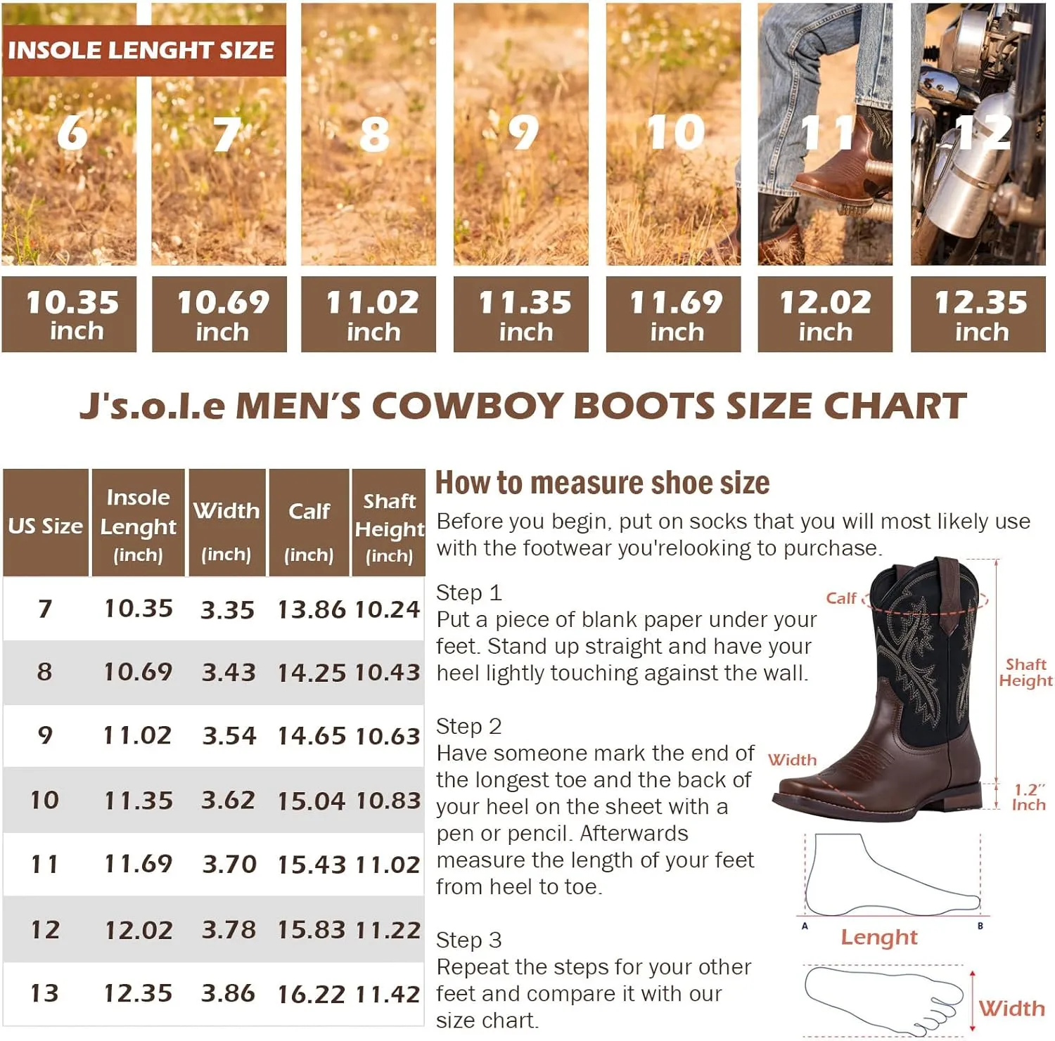 J's.o.l.e Men's Western Cowboy Boots Square Toe Boots for Men Mid Calf Country Boots Classic Embroidered with Pull On Tabs Brown