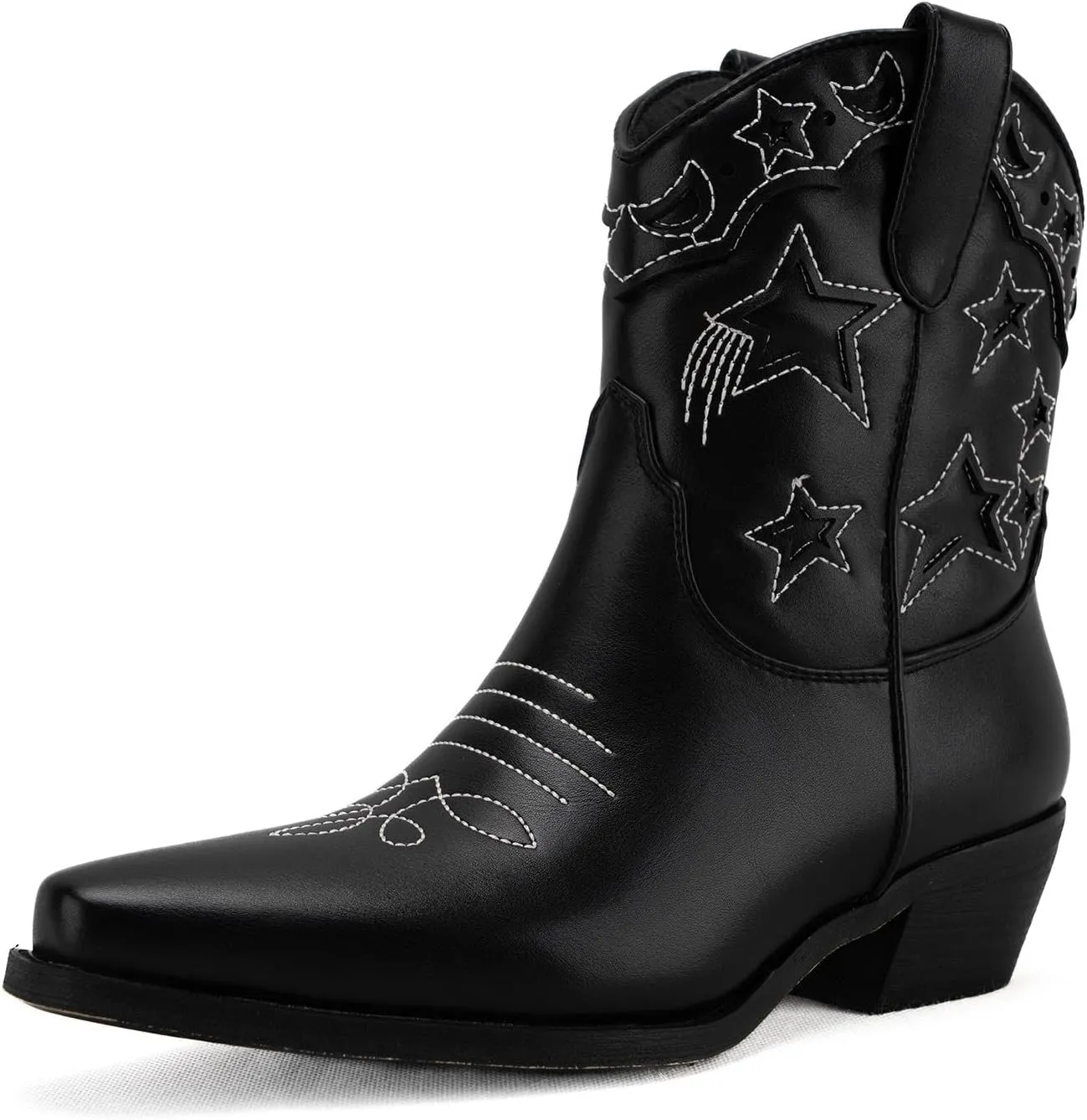 KaroNairy Western Star Cowboy Booties for Women Embroidered Cowgirl Booties Pull On Low Heel Ponited Toe Ankle Cowgirl Boots