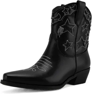 KaroNairy Western Star Cowboy Booties for Women Embroidered Cowgirl Booties Pull On Low Heel Ponited Toe Ankle Cowgirl Boots