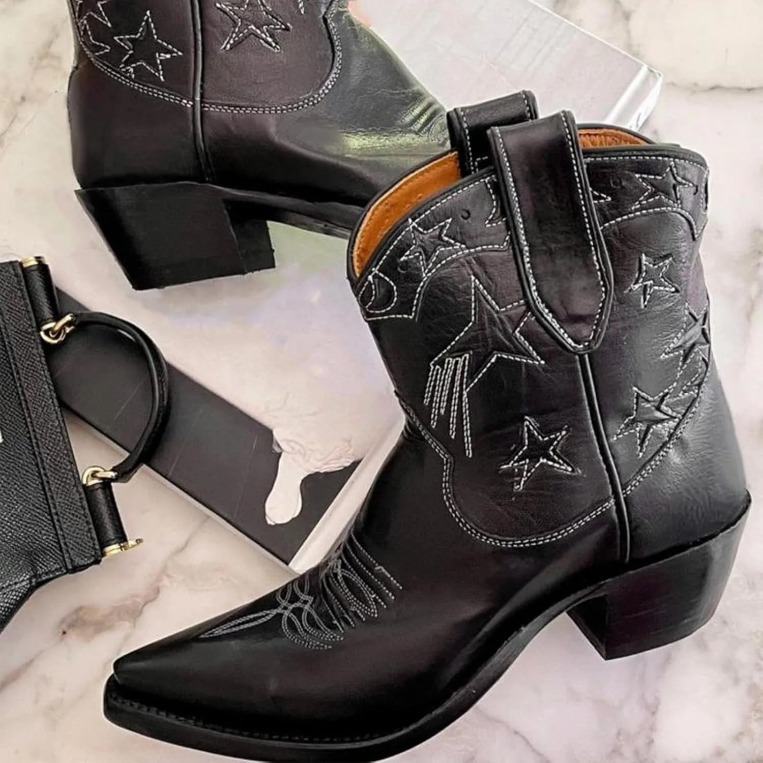 KaroNairy Western Star Cowboy Booties for Women Embroidered Cowgirl Booties Pull On Low Heel Ponited Toe Ankle Cowgirl Boots