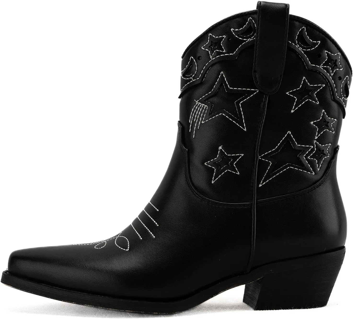 KaroNairy Western Star Cowboy Booties for Women Embroidered Cowgirl Booties Pull On Low Heel Ponited Toe Ankle Cowgirl Boots