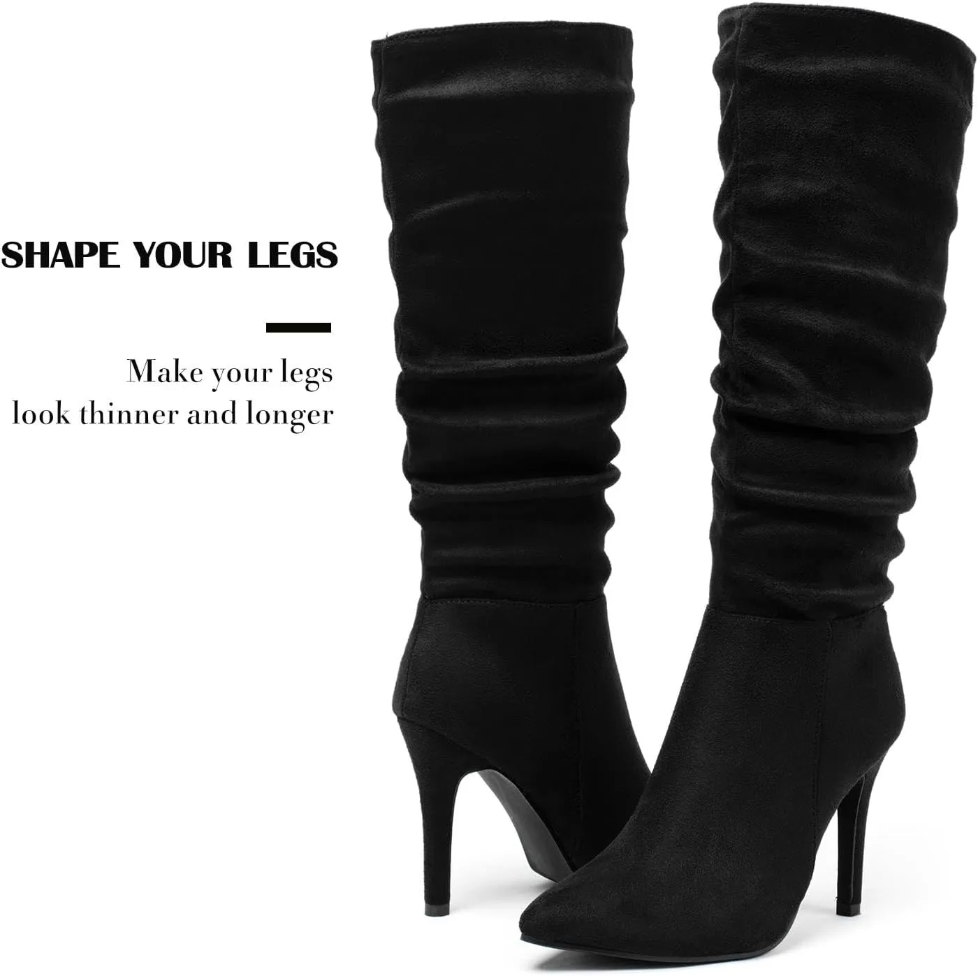 katliu Women Faux Suede Knee High Boots Pointed Toe Stiletto Boot Slouchy Zipper High Heel Boots