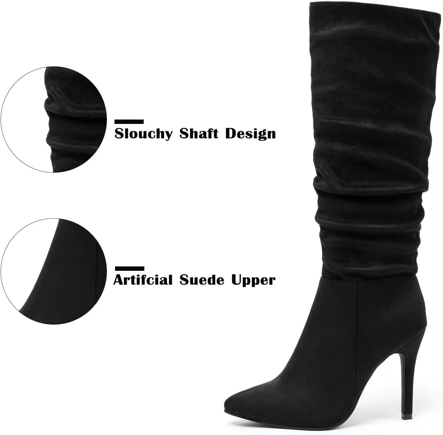 katliu Women Faux Suede Knee High Boots Pointed Toe Stiletto Boot Slouchy Zipper High Heel Boots