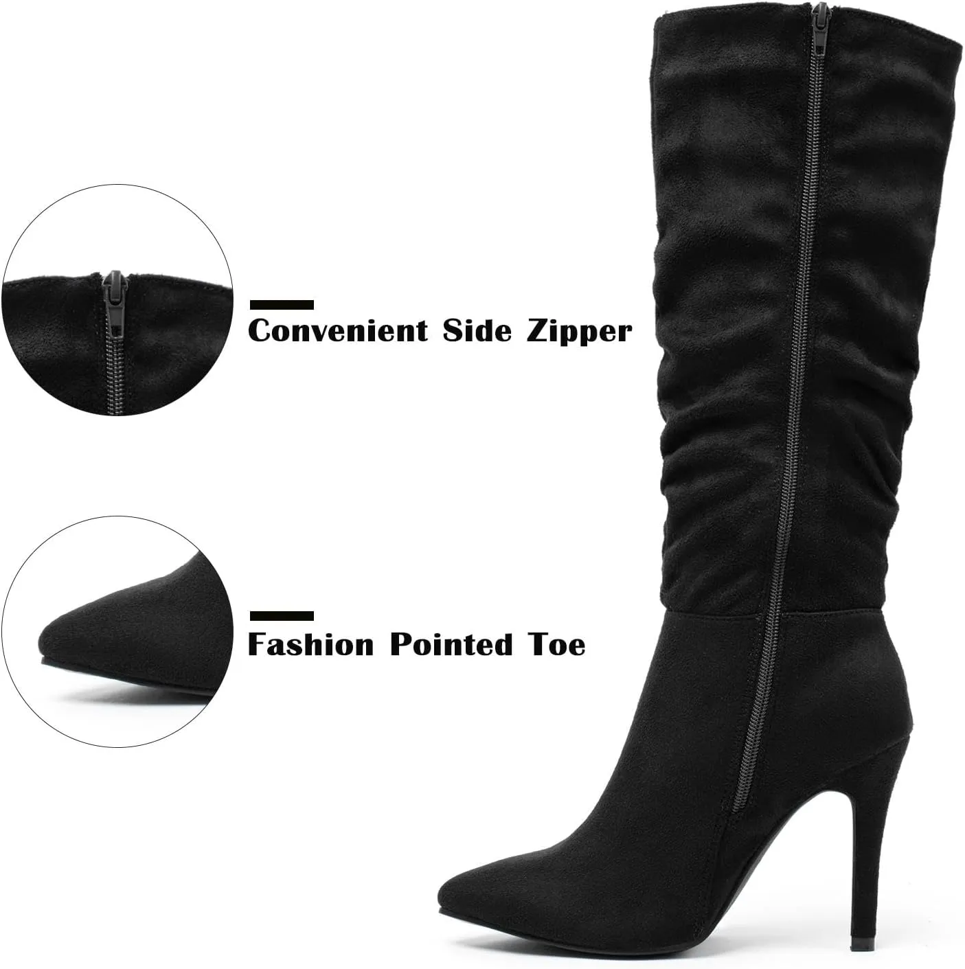 katliu Women Faux Suede Knee High Boots Pointed Toe Stiletto Boot Slouchy Zipper High Heel Boots