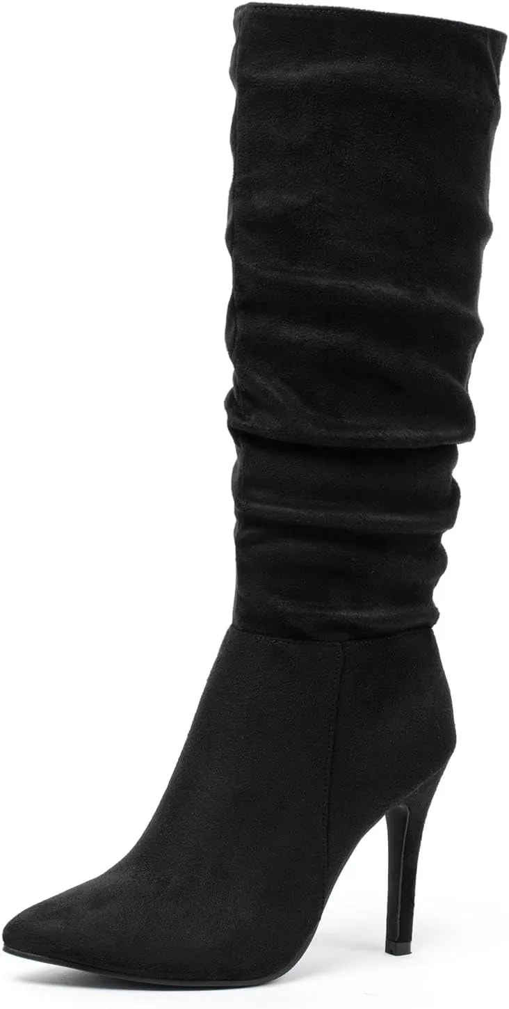 katliu Women Faux Suede Knee High Boots Pointed Toe Stiletto Boot Slouchy Zipper High Heel Boots