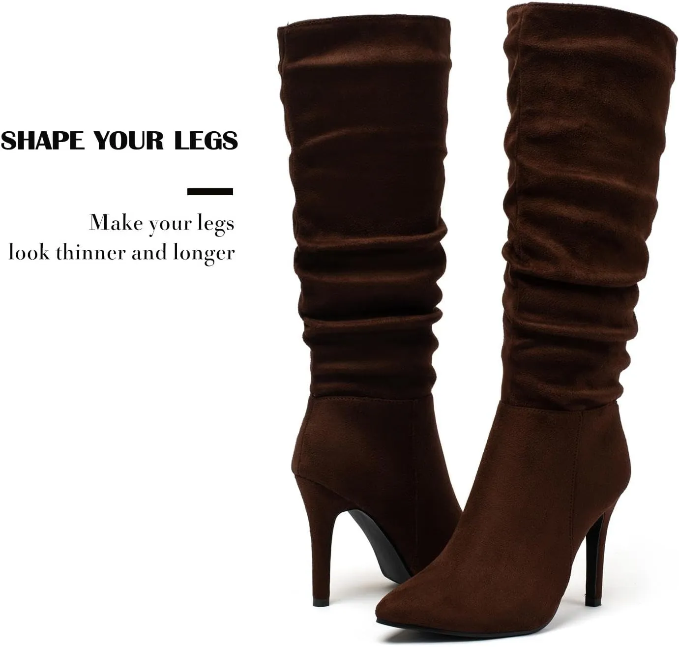 katliu Women Faux Suede Knee High Boots Pointed Toe Stiletto Boot Slouchy Zipper High Heel Boots