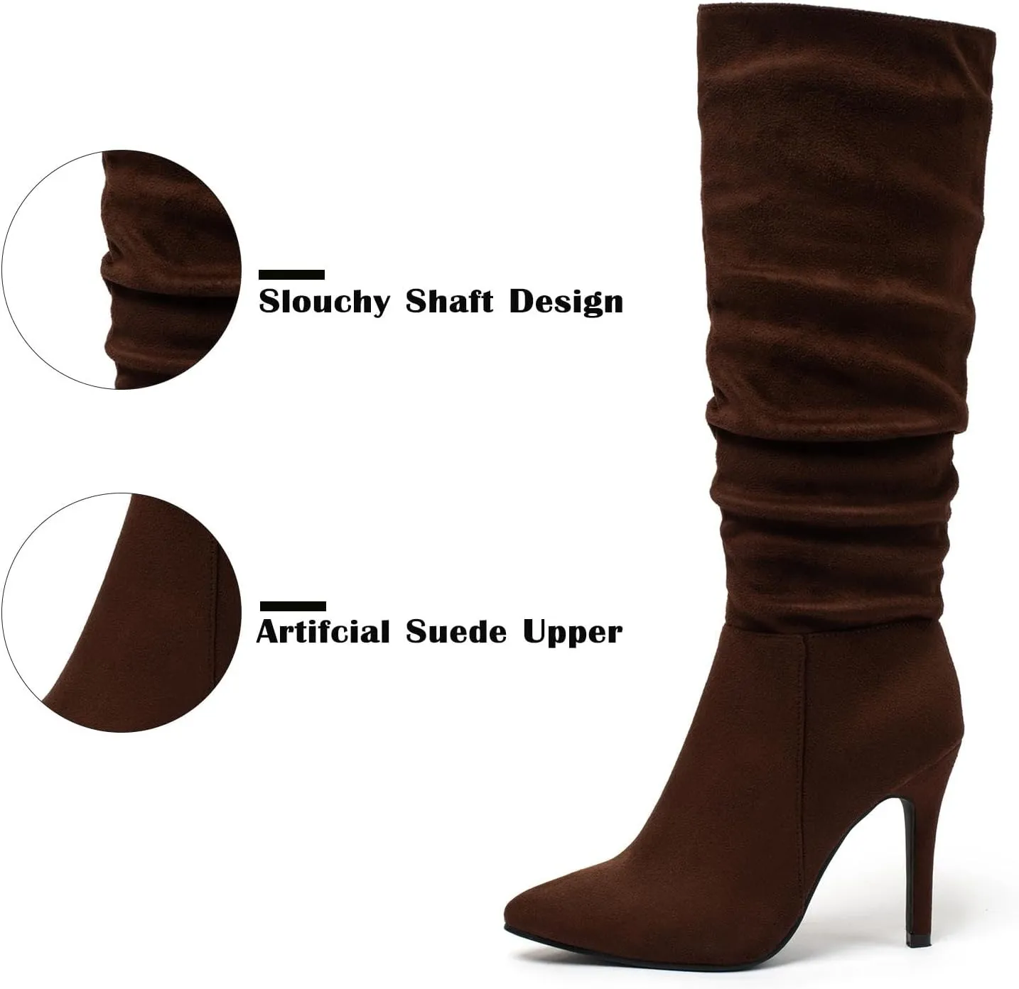 katliu Women Faux Suede Knee High Boots Pointed Toe Stiletto Boot Slouchy Zipper High Heel Boots