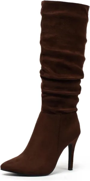 katliu Women Faux Suede Knee High Boots Pointed Toe Stiletto Boot Slouchy Zipper High Heel Boots