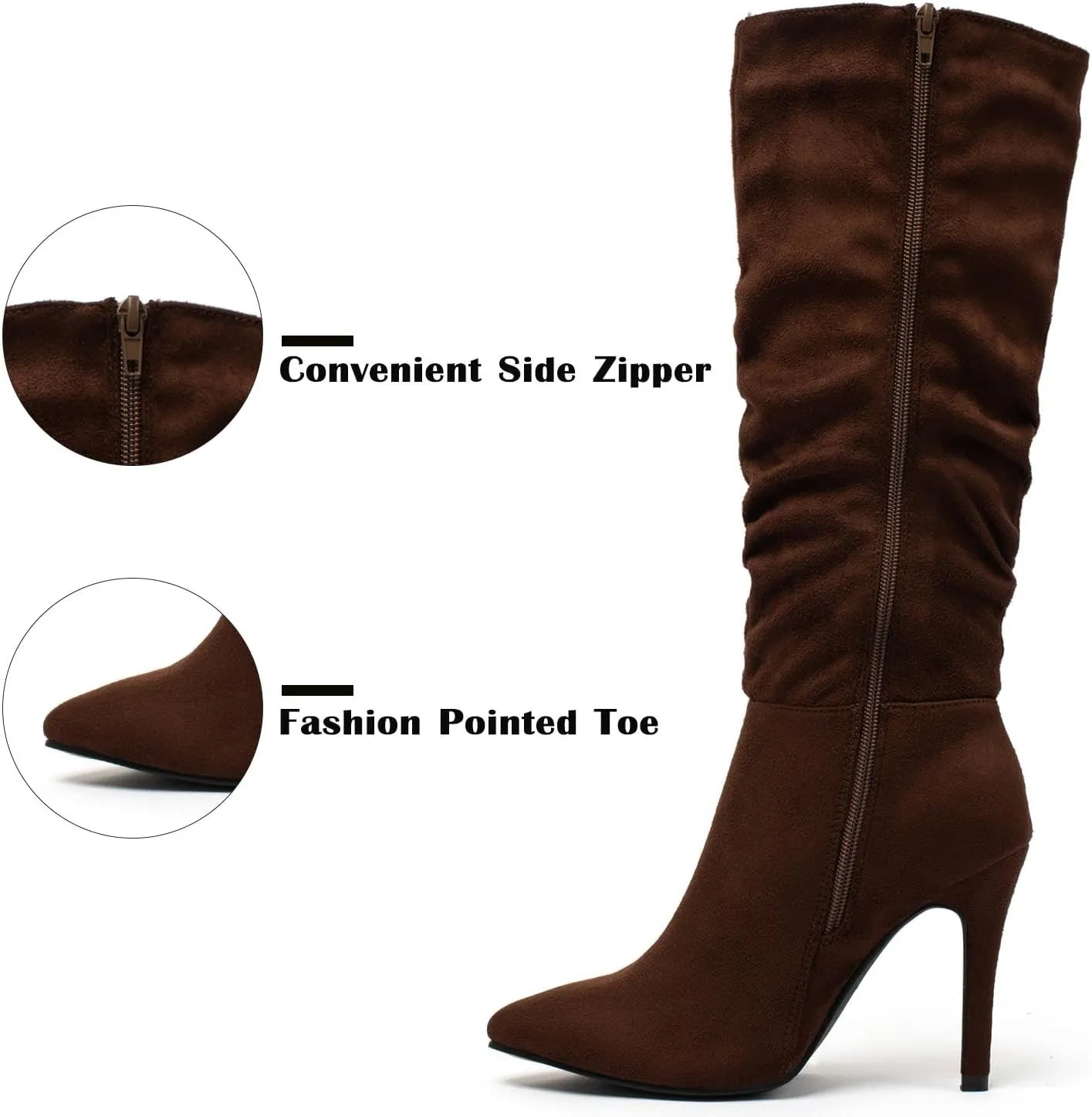 katliu Women Faux Suede Knee High Boots Pointed Toe Stiletto Boot Slouchy Zipper High Heel Boots