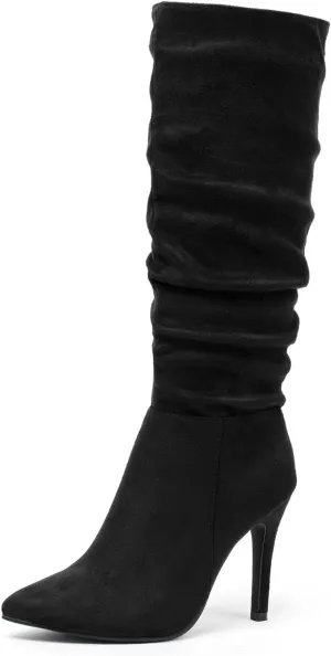 katliu Women Faux Suede Knee High Boots Pointed Toe Stiletto Boot Slouchy Zipper High Heel Boots