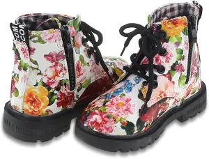 Kid Girl's Floral Boots Lace Up Booties White Flower,Little Kid Size 11.5
