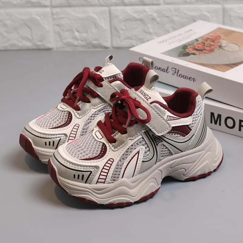 Kids Athletic Sneakers, Mesh Breathable Running Shoes, Silver Grey and Black, Hook and Loop Closure