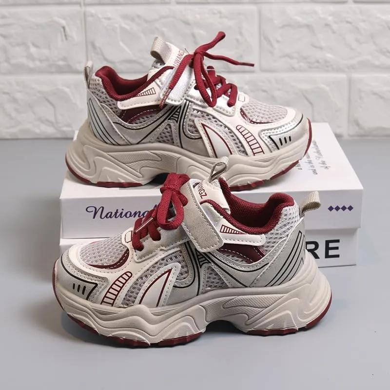 Kids Athletic Sneakers, Mesh Breathable Running Shoes, Silver Grey and Black, Hook and Loop Closure