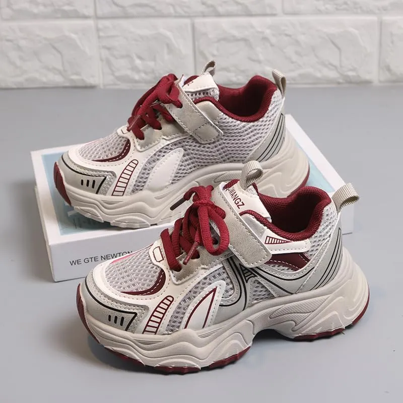 Kids Athletic Sneakers, Mesh Breathable Running Shoes, Silver Grey and Black, Hook and Loop Closure