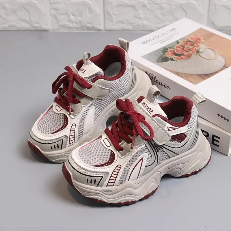 Kids Athletic Sneakers, Mesh Breathable Running Shoes, Silver Grey and Black, Hook and Loop Closure
