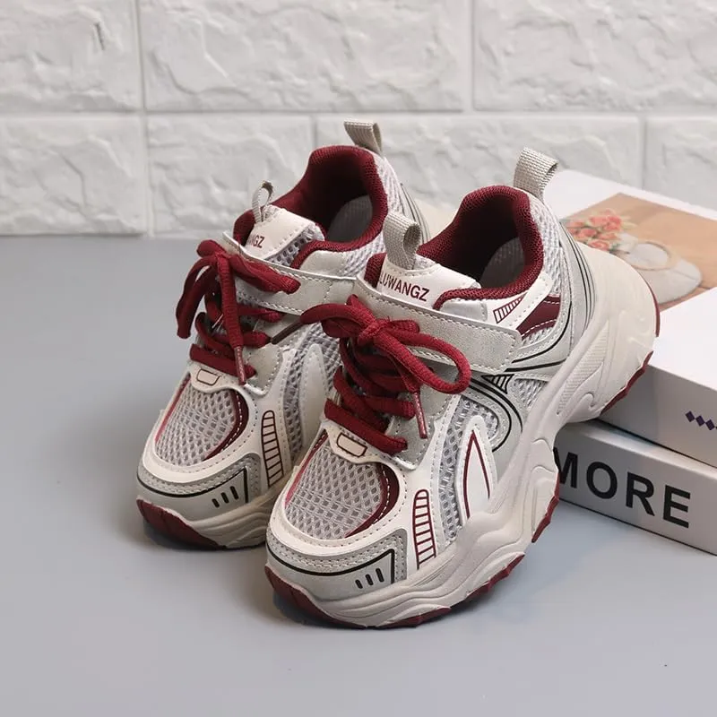 Kids Athletic Sneakers, Mesh Breathable Running Shoes, Silver Grey and Black, Hook and Loop Closure