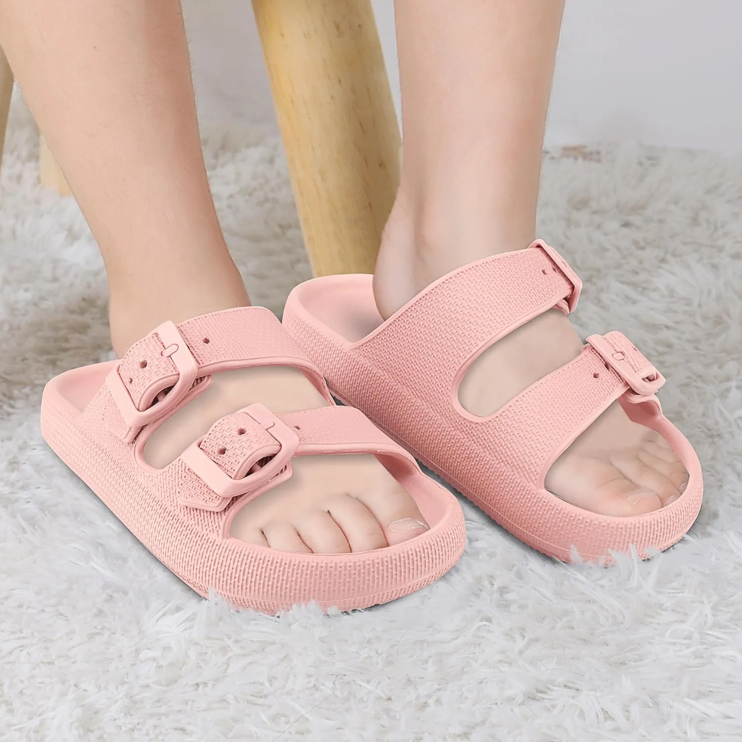 Kids Cloud Slides Girls Boys Double Buckle Slip On Sandals Youth Adjustable Flip Flops Summer Soft Pillow Slippers EVA Flat Beach Pool Shower Shoes