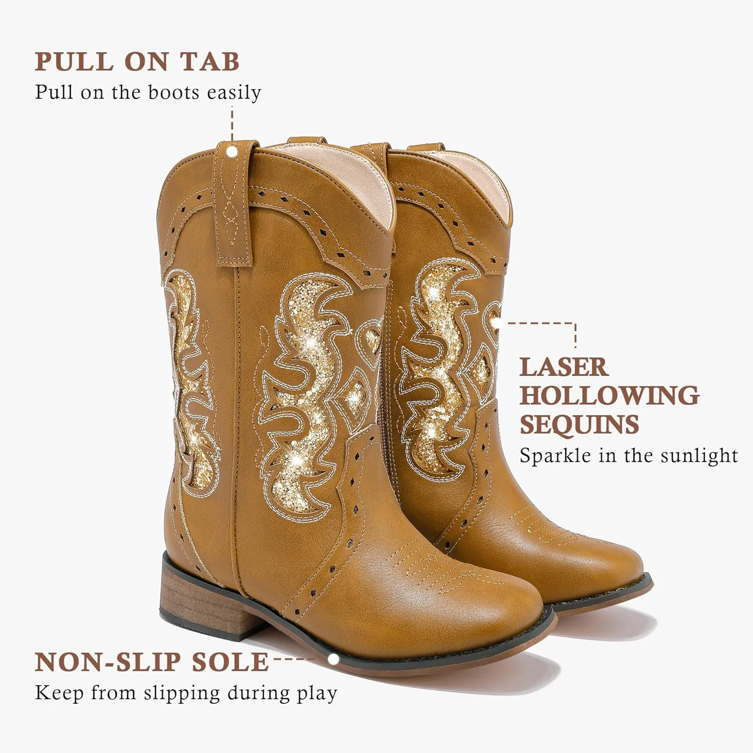 Kids Cowgirl Boots for Girls Western Square Toe Girls Sparkle Boots Zipper Mid Calf Low Heel Horse Riding for Toddler Little Big Kids