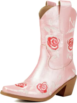 KiutSymo Women Cowgirl Boots Mid Calf Western Boots Floral Embroidered Square Toe Cowboy Boots for Women Block Chunky Heel Pull-On Tabs Retro Ladies Boots