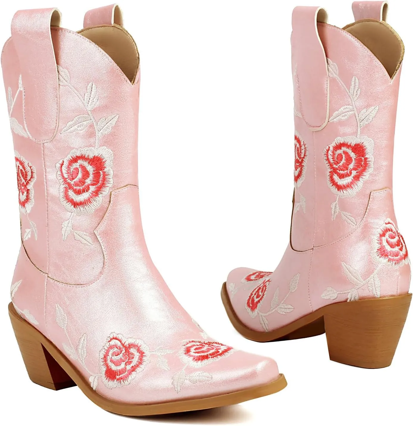KiutSymo Women Cowgirl Boots Mid Calf Western Boots Floral Embroidered Square Toe Cowboy Boots for Women Block Chunky Heel Pull-On Tabs Retro Ladies Boots