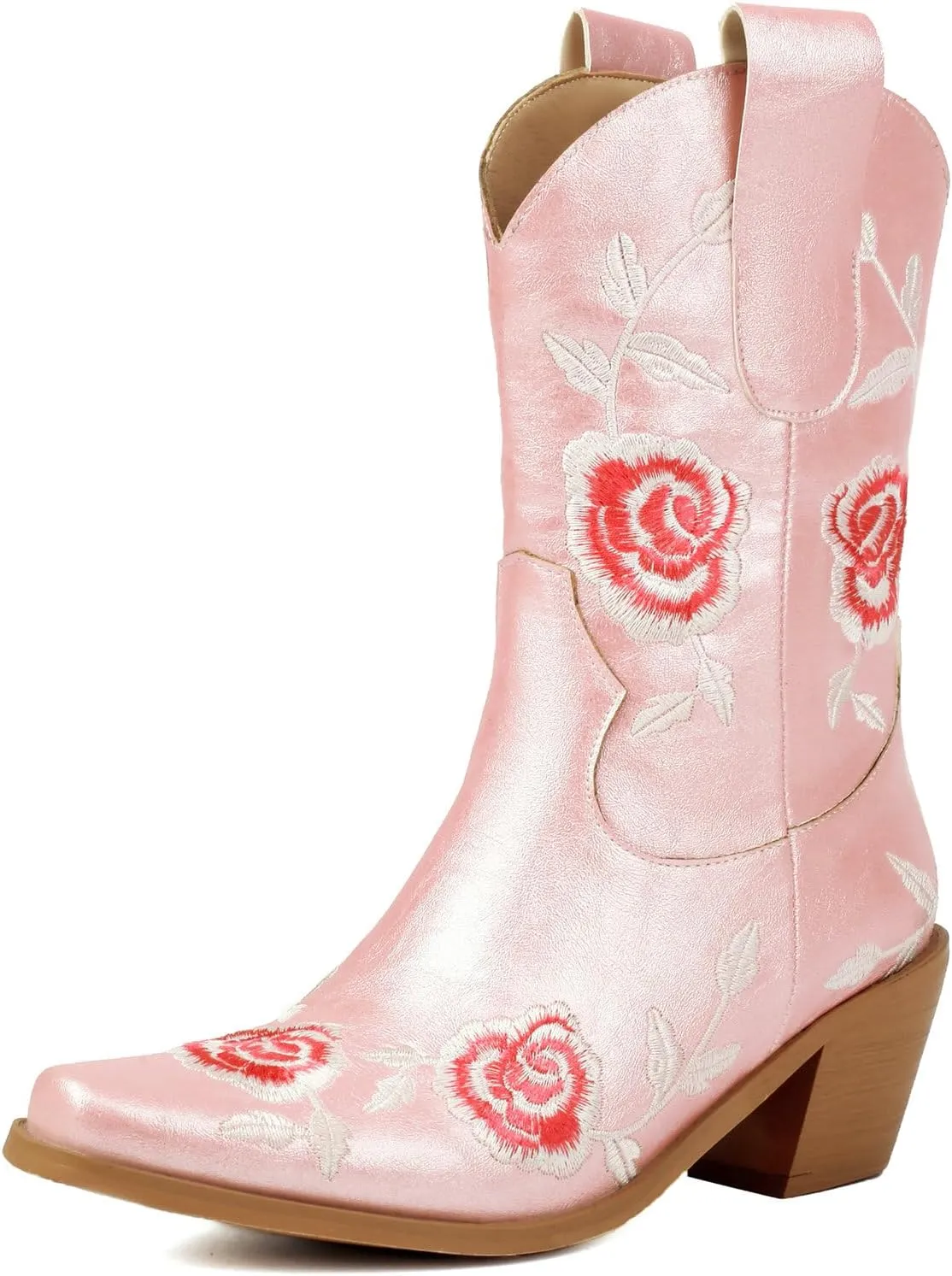 KiutSymo Women Cowgirl Boots Mid Calf Western Boots Floral Embroidered Square Toe Cowboy Boots for Women Block Chunky Heel Pull-On Tabs Retro Ladies Boots