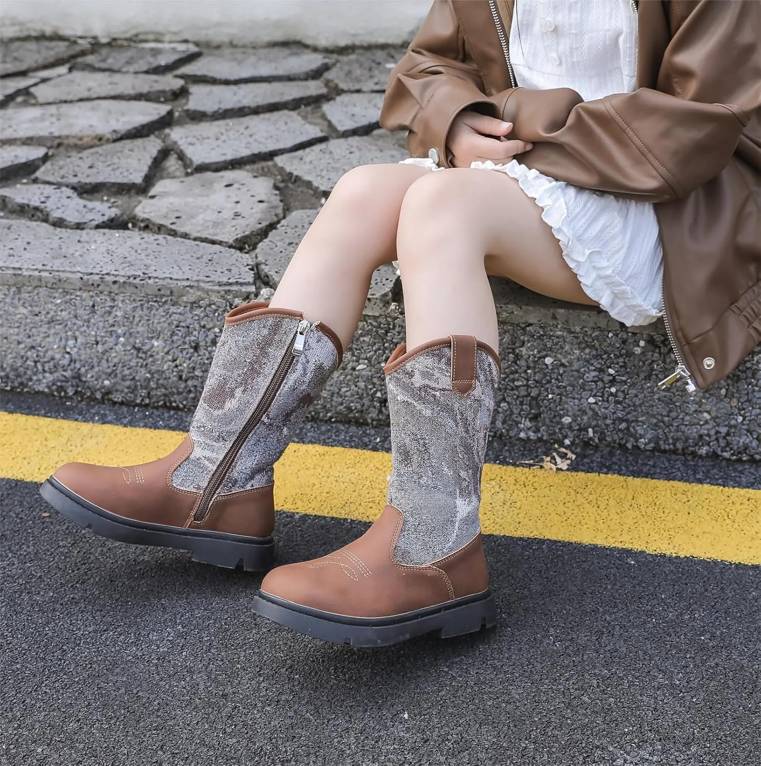 kkdom Boys Girls Cowgirl Cowboy Western Boots Mid Calf Horseback Riding Boots