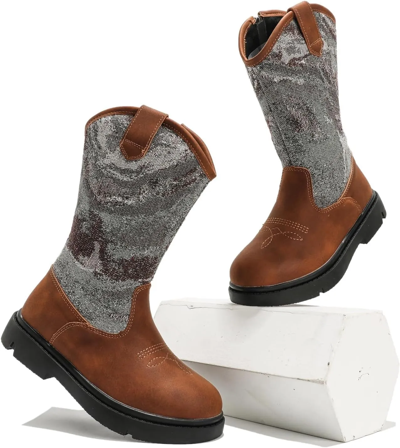 kkdom Boys Girls Cowgirl Cowboy Western Boots Mid Calf Horseback Riding Boots