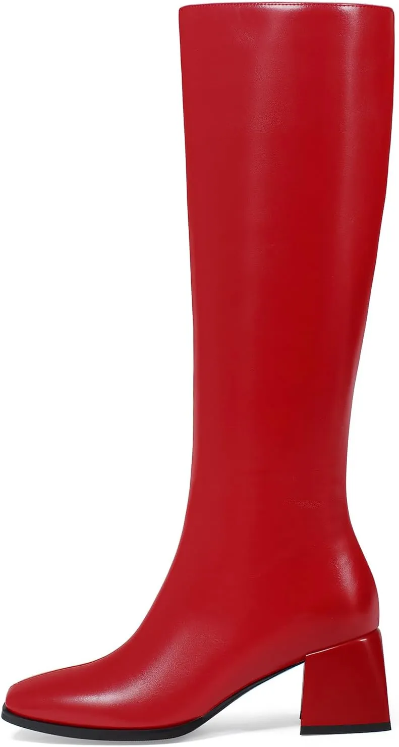 Knee High Boots for Women 70s Boots with Chunky Heel, Square Toe Tall Boots Side Zipper Block Heel Dress Boots
