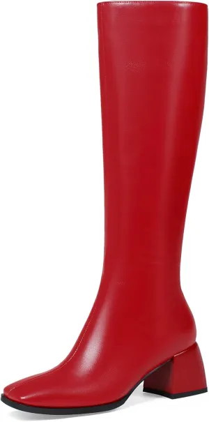 Knee High Boots for Women 70s Boots with Chunky Heel, Square Toe Tall Boots Side Zipper Block Heel Dress Boots