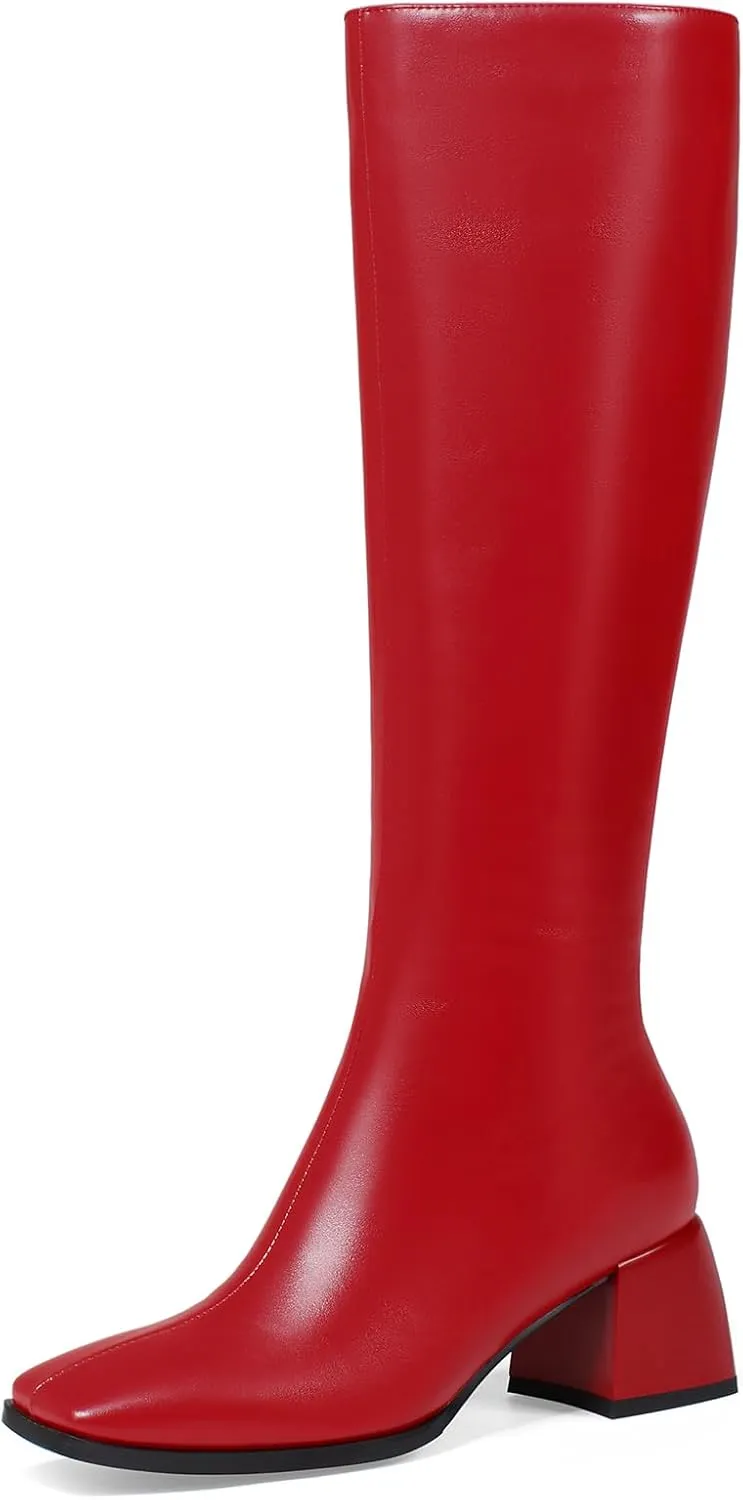 Knee High Boots for Women 70s Boots with Chunky Heel, Square Toe Tall Boots Side Zipper Block Heel Dress Boots